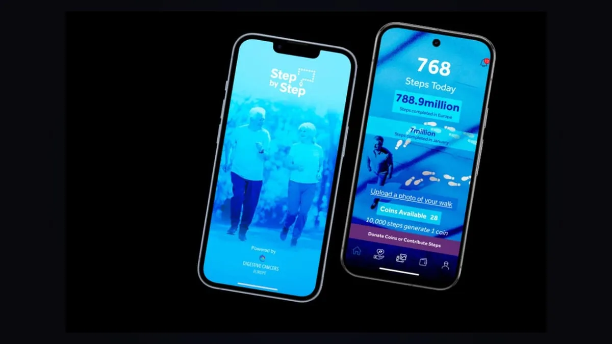 DiCE Step by Step fitness and fundraising app built and maintained by OgreLogic for Digestive Cancers Europe, shown on two iPhones