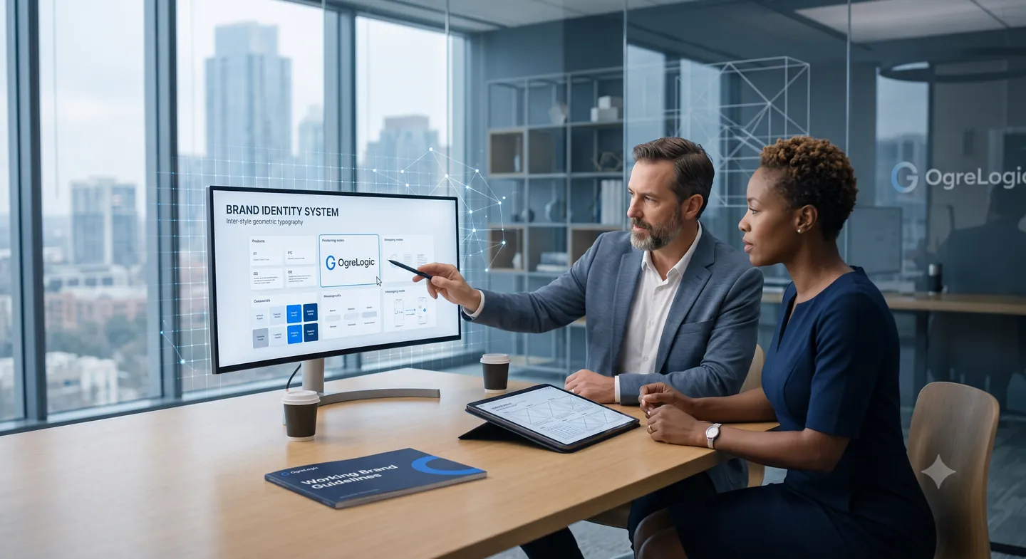 OgreLogic brand identity system and brand guidelines shown on screen