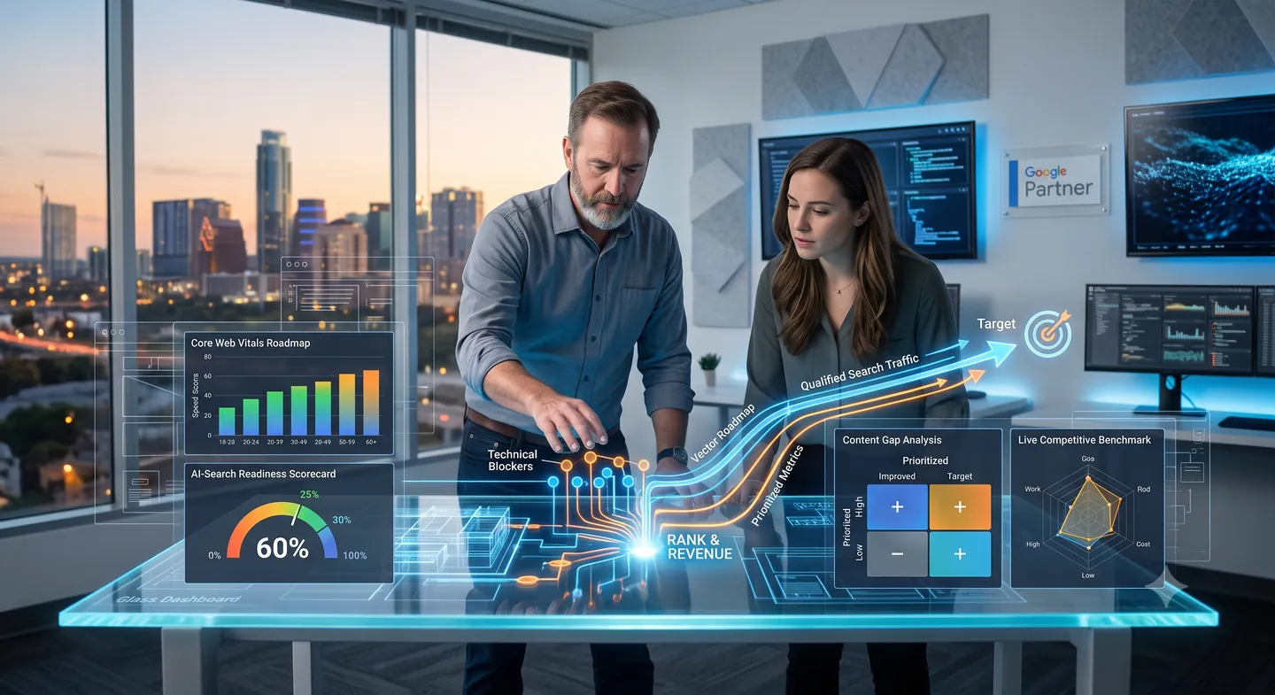 OgreLogic SEO audit dashboard with Core Web Vitals roadmap, AI-search readiness score, and content gap analysis