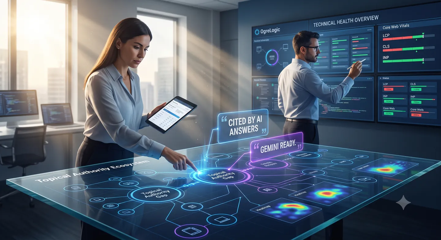OgreLogic SEO dashboard with topical authority, technical health, and AI-search readiness including Core Web Vitals